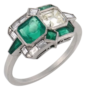 Early 20th Century Art Deco Style Diamond Emerald Platinum Toi Et Moi Ring, Size 7