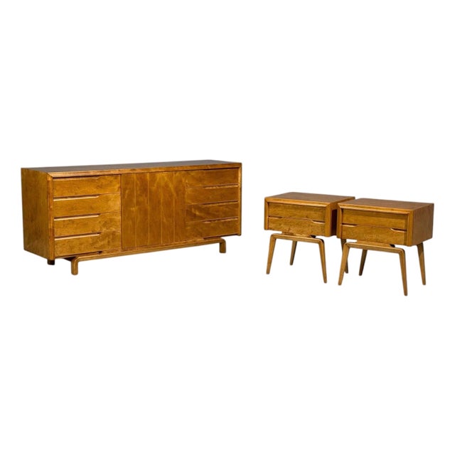 Edmond J Spence, Dresser and Nightstands, Burled Maple, Bentwood, Sweden, 1960s For Sale