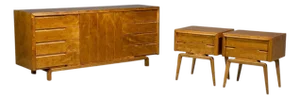 Edmond J Spence, Dresser and Nightstands, Burled Maple, Bentwood, Sweden, 1960s