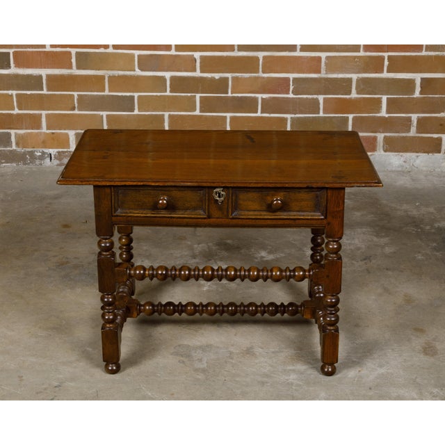 19th Century English 19th Century Oak Side Table with Carved Bobbin Legs and Single Drawer For Sale - Image 5 of 12