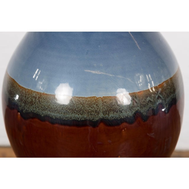 Blue Contemporary Blue & Brown Glaze Ceramic Vase For Sale - Image 8 of 12