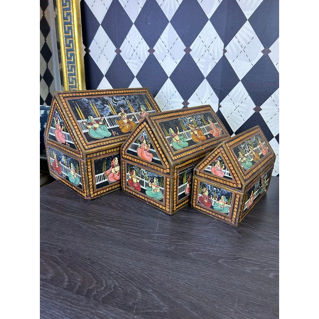 Trio Indian Hand-Painted Nesting Wooden Boxes - Mid 20th Century Set of 3 For Sale - Image 11 of 16