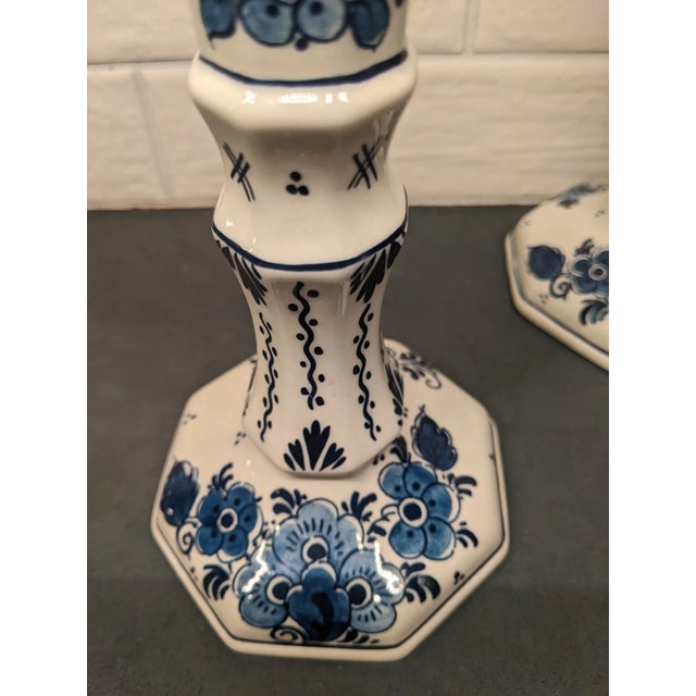 Royal Copenhagan Vintage Delft Royal Copenhagen Blue Floral Candlestick Holders-Set of 2 For Sale - Image 4 of 5