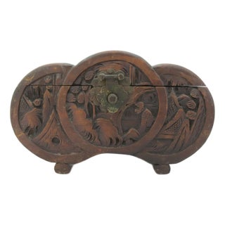 Chinese Carved Camphor Wood Landscape & Figural Cylindrical Lidded Trinket Box For Sale