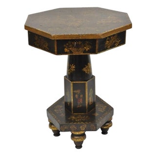 Antique Chinoiserie Hand Painted Pedestal Base Oriental Sewing Stand Side Table For Sale