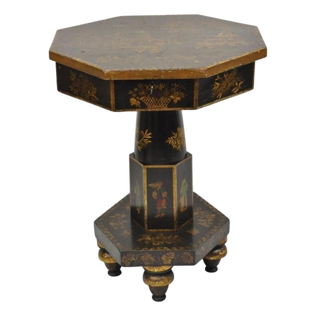 Antique Chinoiserie Hand Painted Pedestal Base Oriental Sewing Stand Side Table For Sale