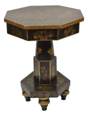 Antique Chinoiserie Hand Painted Pedestal Base Oriental Sewing Stand Side Table