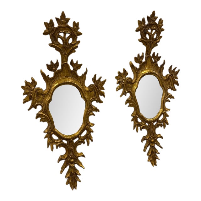 Pair Vintage Mid Century Italian Florentine Gold Gilt Wall Mirrors Sconce Style For Sale