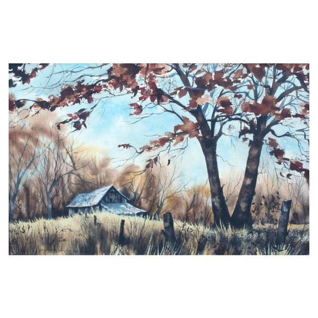 Mid Century Rural Farmhouse Landscape Watercolor with Barn Beautiful mid century landscape watercolor of a farmhouse...