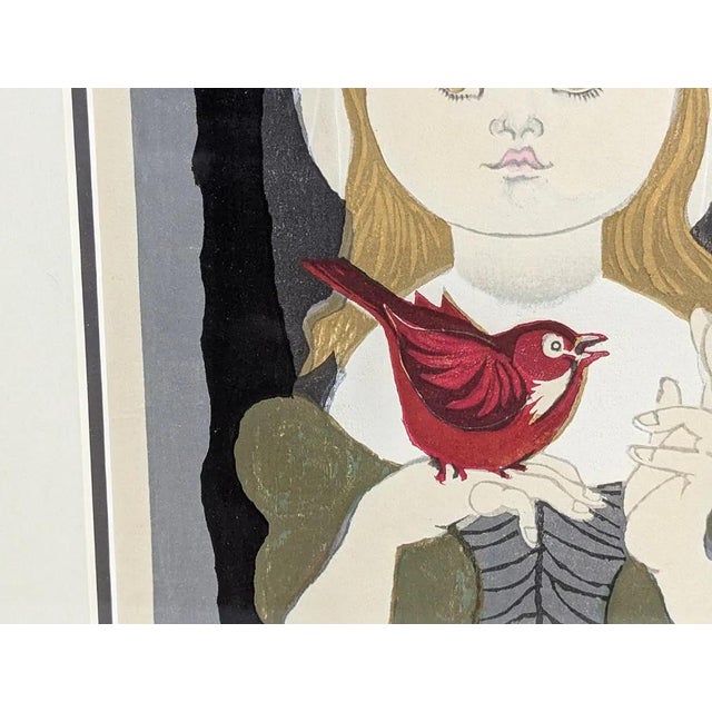 1959 Jun'ichiro Sekino Pencil-Signed Japanese Woodblock Print, "Young Girl With Two Cardinals" - Framed For Sale In Chicago - Image 6 of 10