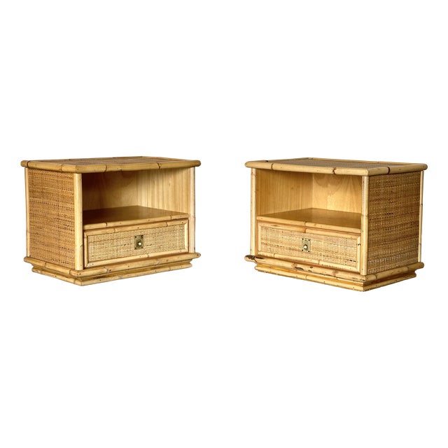 Wicker and Bamboo Nightstands by Dal Vera, 1970s, Set of 2 For Sale