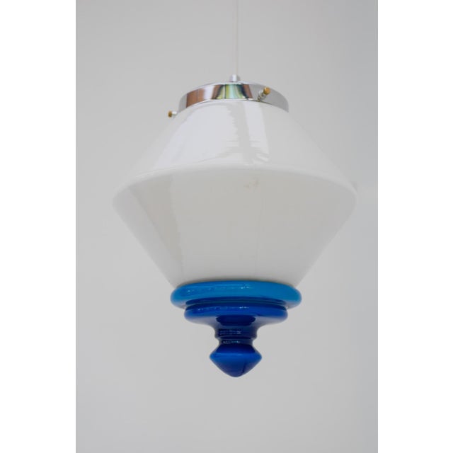 Scandinavian Art Deco Milk Glass Pendant Light with Azure Blue Details, 1930s For Sale - Image 6 of 17