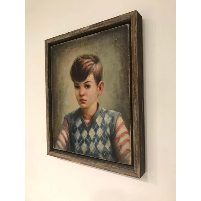 Mid-Century Modern Portrait of Boy in Blue Argyle Sweater Oil Painting by Robert Rukavina For Sale - Image 3 of 13