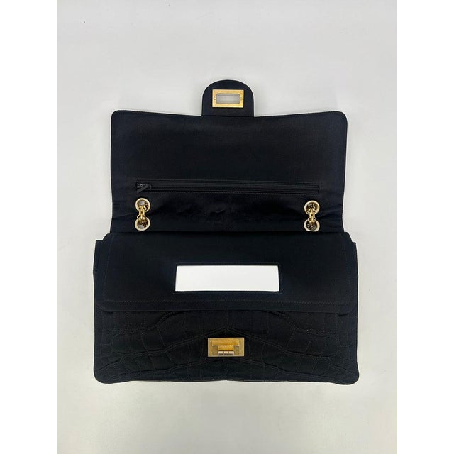 Contemporary Mid 20th Century Chanel Black Satin Coco Croc Quilted 227 Reissue 2.55 Double Flap Classic For Sale - Image 3 of 13