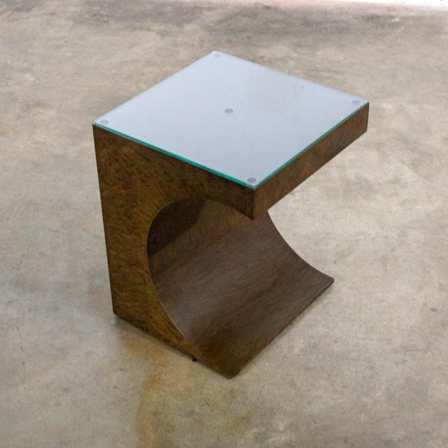 Late 20th Century Modern Geometric Crescent End or Side Table Burl Veneer With Rectangle Glass Top For Sale - Image 16 of 18