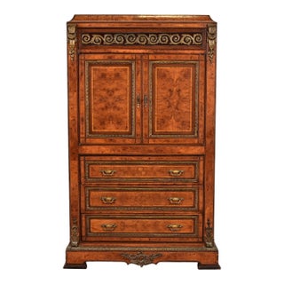 Maison Forest Style Antique French Empire Burl Wood Armoire Dresser or Gentleman's Chest With Mounted Ormolu, Circa 1880s For Sale