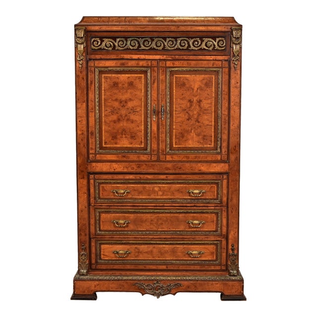 Maison Forest Style Antique French Empire Burl Wood Armoire Dresser or Gentleman's Chest With Mounted Ormolu, Circa 1880s For Sale