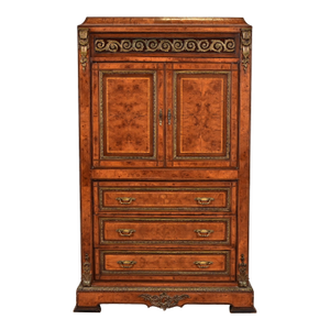Maison Forest Style Antique French Empire Burl Wood Armoire Dresser or Gentleman's Chest With Mounted Ormolu, Circa 1880s