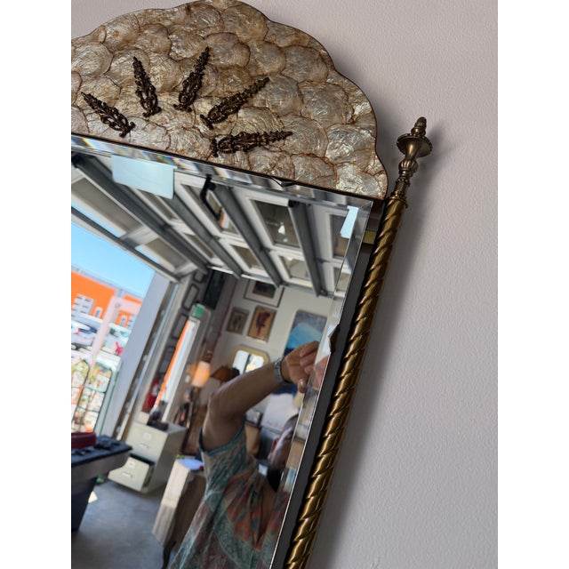 Brass Italian Hollywood Regency Brass & Shell Top Wall Mirror With Beveled Glass For Sale - Image 8 of 11