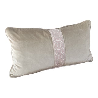 Designer Beige Velvet With Pink Samuel & Sons Trim Lumbar Pillow For Sale