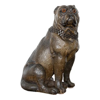 English 19th Century Terracotta Bulldog Statue with Silver Collar and Glass Eyes For Sale