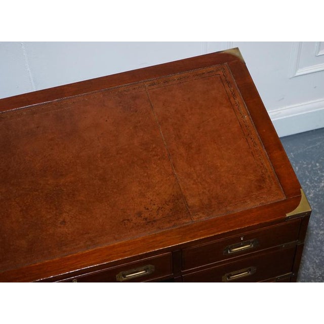 Military Campaign Twin Pedestal Desk with Leather Top For Sale - Image 9 of 16