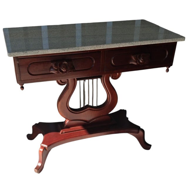 Vintage Victorian Lyre Base Foyer Console Table With Granite/Marble Top For Sale - Image 4 of 12