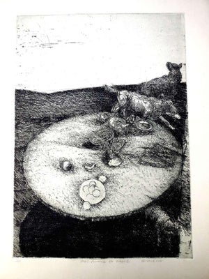 Robert A. Birmelin, Interior View Dogs Running By Table Abstract Modernist Etching, Robert Birmelin