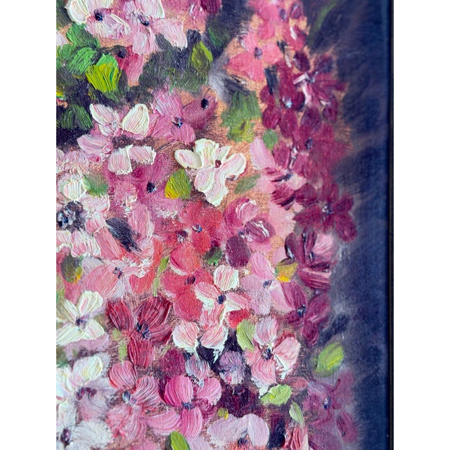 Pink Original Vintage Floral Oil Painting, Impasto Pink Blossoms Still Life, Gilt Frame, Mid Century Art For Sale - Image 8 of 11