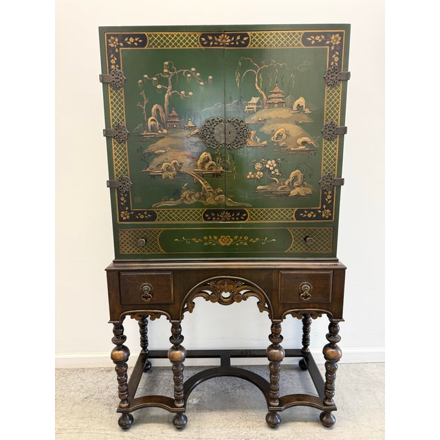 Vintage Alexander Bros. Green Asian Lacquered Bar Cabinet/Cupboard on Barley Twist Stand For Sale - Image 12 of 12