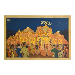 Super Colorful French Art Deco Lithographic Poster of a Crowd of Revelers For Sale
