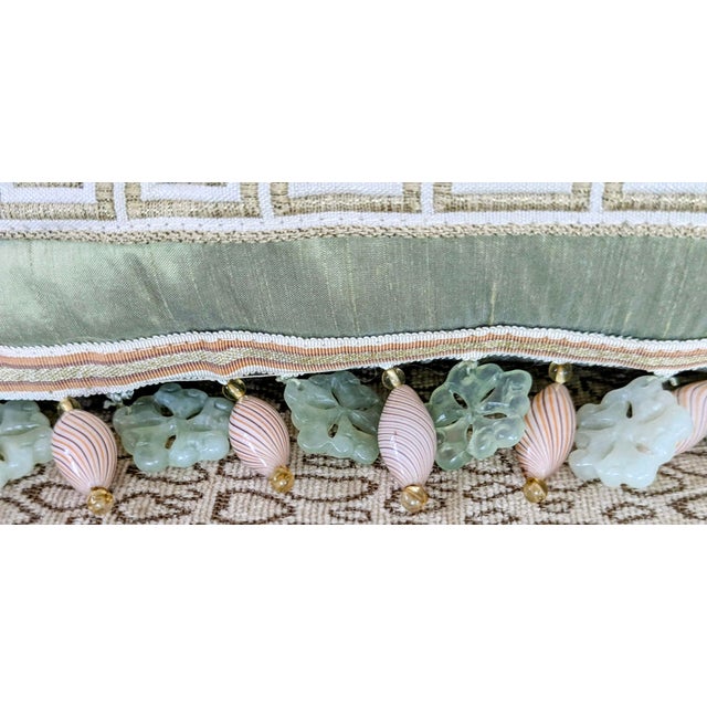 Traditional Designer Silk and Embroidered Fabric With Greek Key Pattern Throw Pillows With Beaded Glass Fringe For Sale - Image 3 of 5