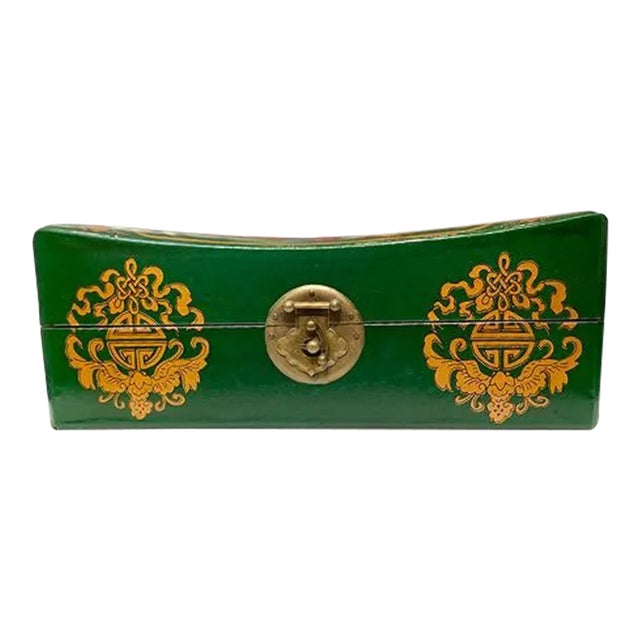 Asian Hand Painted Saddle Shape Jewelry Box, Green For Sale