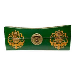 Asian Hand Painted Saddle Shape Jewelry Box, Green