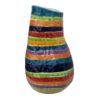 1980s G.Venzo Hand Painted Pottery Multicolored Rainbow Asymmetrical 10.75” Vase Made in Italy For Sale