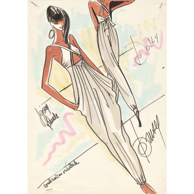 1980's Rare Original French Fashion Drawing Summer Beach Cruise Wear For Sale - Image 4 of 4