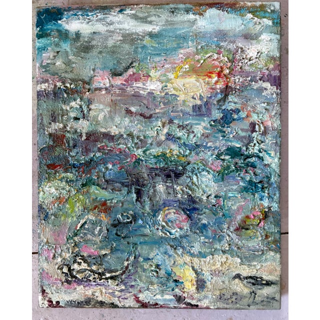 A Bird In Troubled Water, Abstract Original Oil Painting, by Van Ness 16”x20” on canvas, Platinum frame, 21.25”x25.25”x2”...