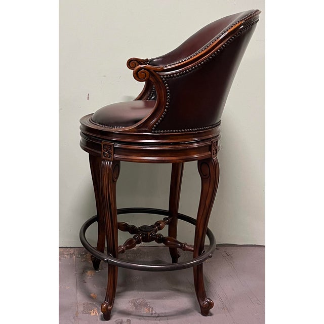 Brown Theodore Alexander Bar Stools Napoleon III Mahogany Scoop Back Brown Leather For Sale - Image 8 of 8