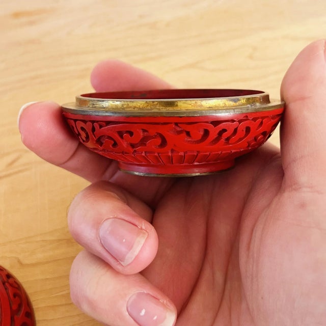 Antique Chinese Red Cinnabar Lidded Jar With Blue Enamel and Brass Detail For Sale In Los Angeles - Image 6 of 9