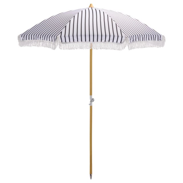 Navy Blue Bella 6.5 Ft Beach Fringed Umbrella, Navy Bistro Stripe For Sale - Image 8 of 8
