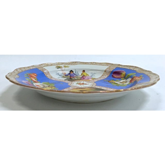 Antique Meissen Porcelain Floral & Garden Scene Plate. Depicts two hand-painted scenes with Baroque figures in the garden....