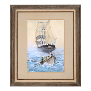 Rowing to Shore - Nautical Seascape in Gouache on Paper by George A. Robbins