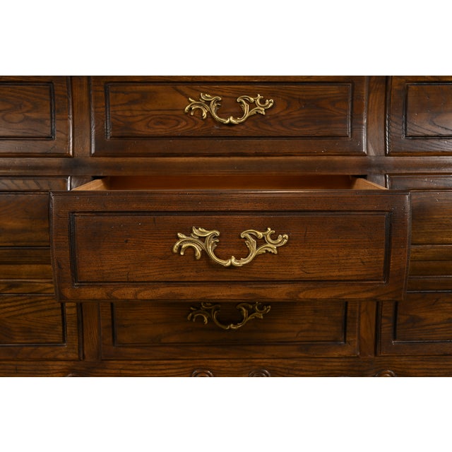 Wood Baker Furniture French Provincial Louis XV Carved Oak and Burl Wood Triple Dresser or Credenza For Sale - Image 7 of 16