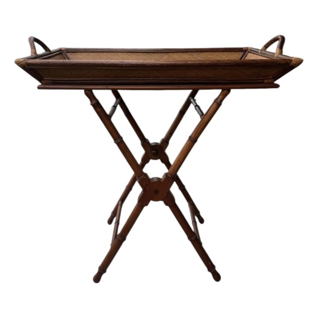 Vintage Rattan & Bamboo Butler Tray on Stand For Sale