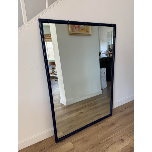 Glass Vintage Navy Blue Faux Bamboo Large Wall Mirror For Sale - Image 7 of 7