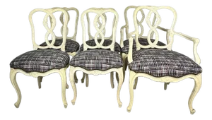 Mid-Century Carved Ribbon Back White Dining Chairs Set of 6 Holland & Sherry Fabric