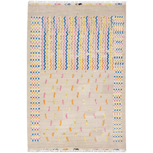 Textile Beige Moroccan Berber Style Handmade Geometric Wool Rug For Sale - Image 7 of 7