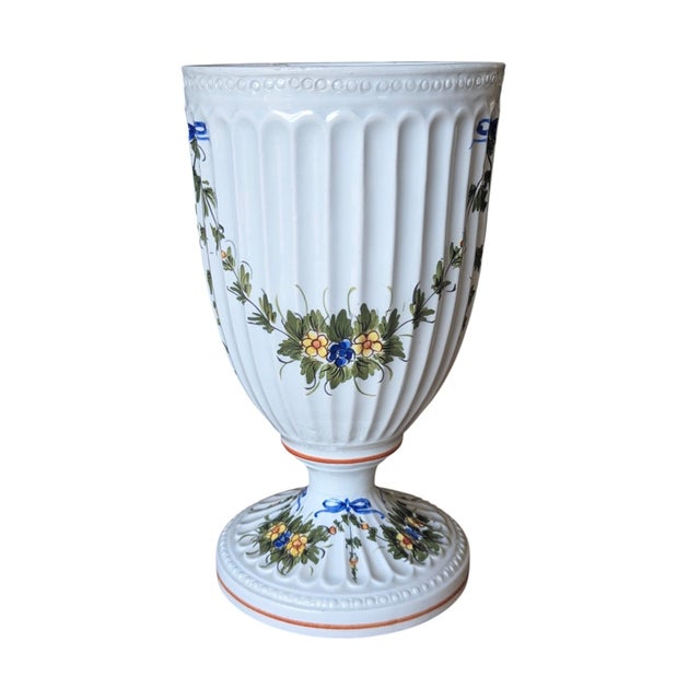 Vintage Italian Handpainted Footed Porcelain Fluted Vase Signed "Italy" and Numbered on underside of base 7" Tall Base...