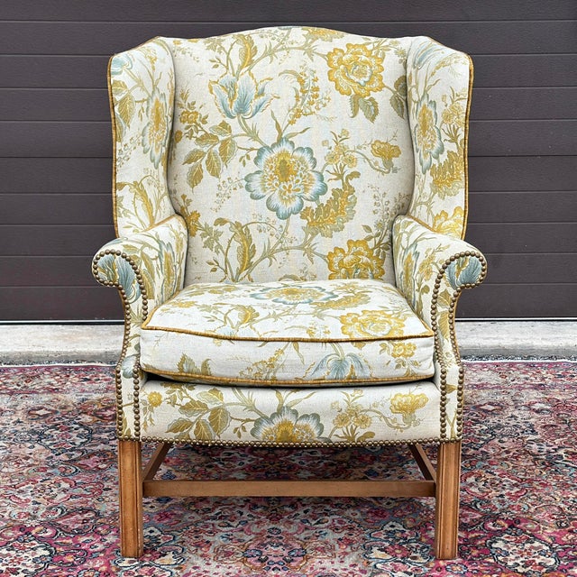 Vintage Drexel Heritage Chippendale Style Wingback Lounge Chair featuring the original woven and velvet upholstery with...