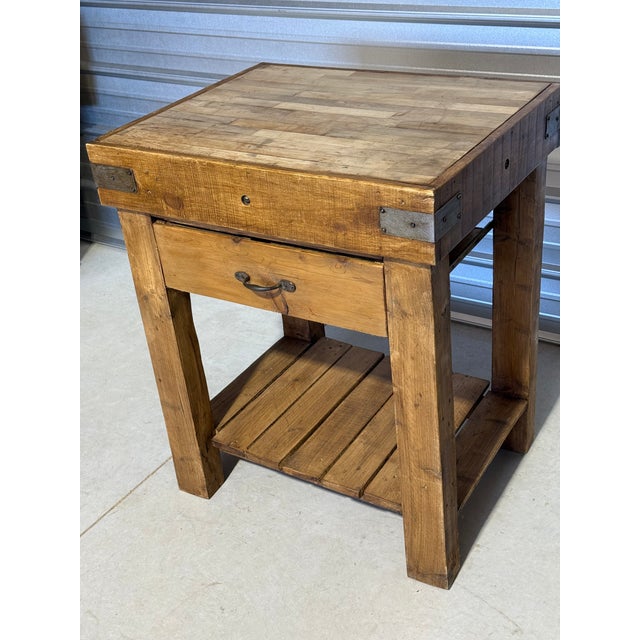 Wood Butcher Block Table With Drawer Built With Antique Wood From England For Sale - Image 7 of 18